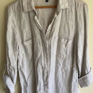 SAKS FIFTH AVENUE Button Front Linen Shirt Collared V-Neck Split Hem